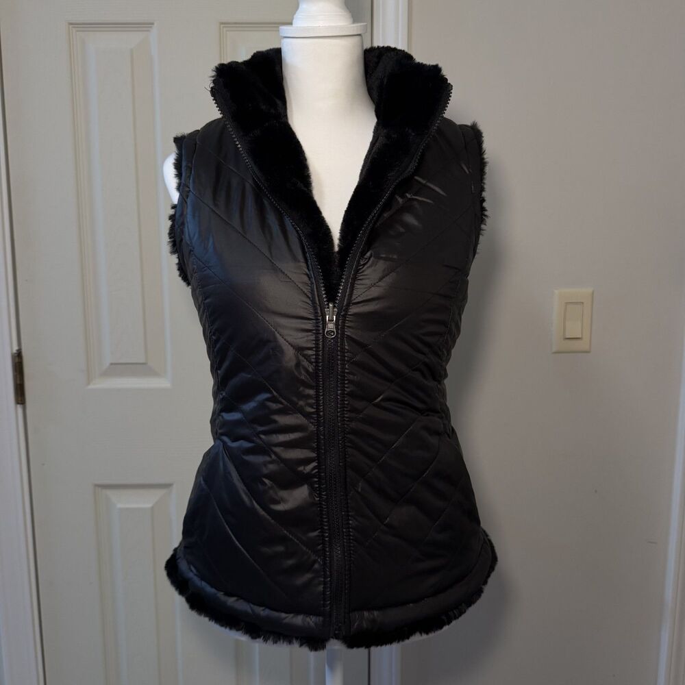 Nicole Miller Small Black Reversible Vest Faux Fur Quilted Puffer Winter Jacket